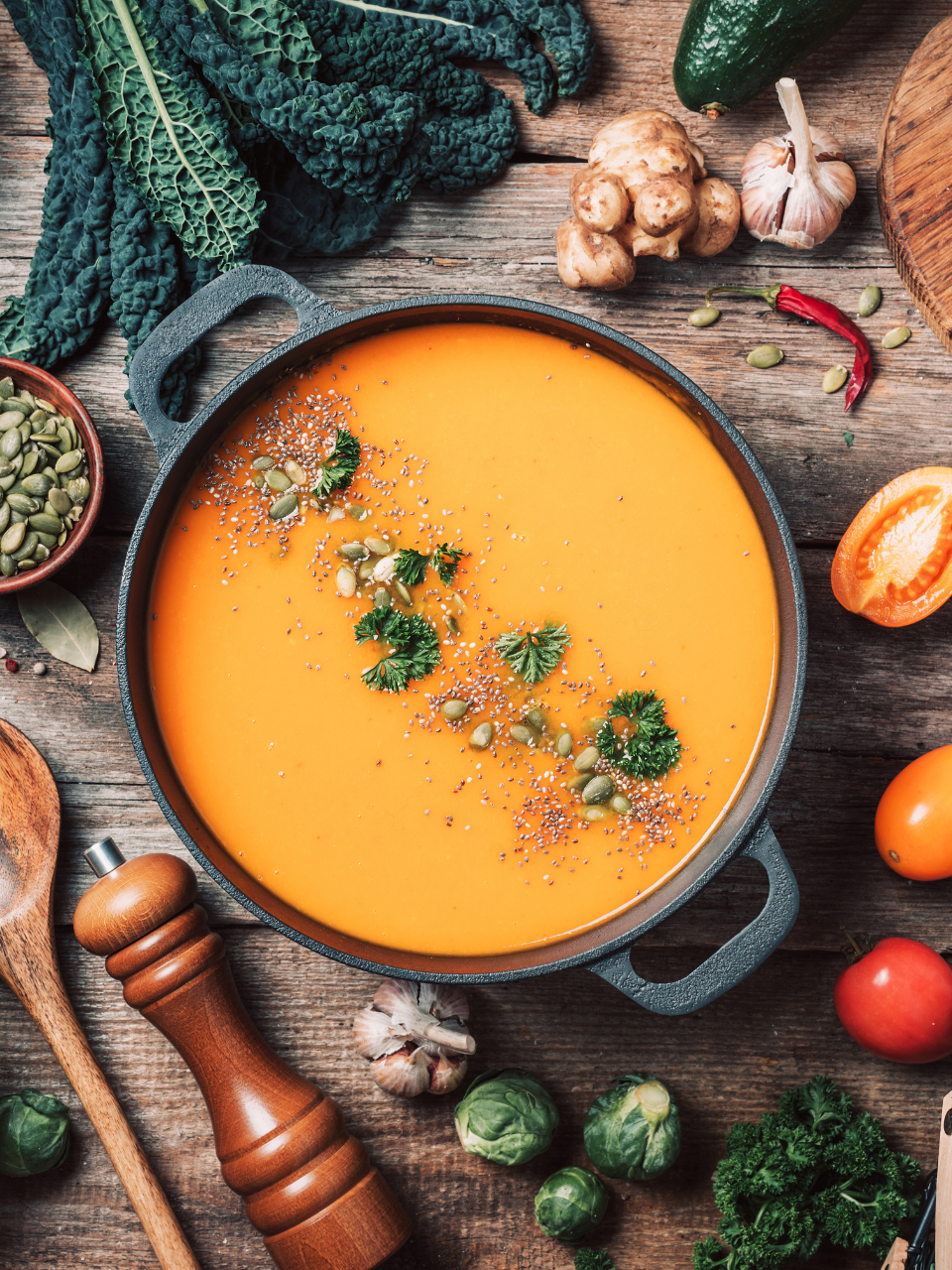 A pumpkin soup in a black dish with garnish
